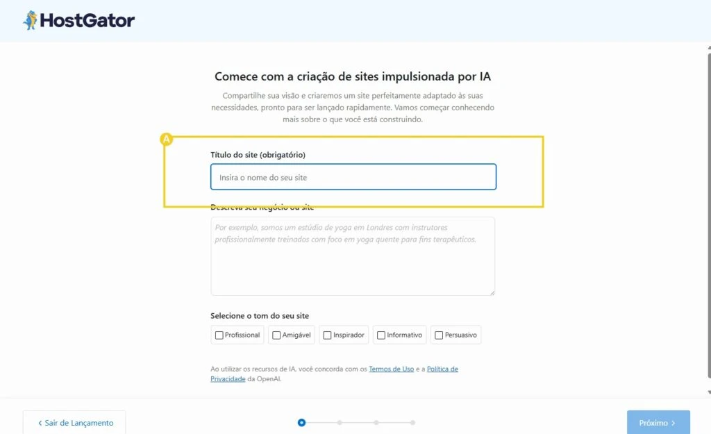 Tela de criação de site com IA no painel da HostGator, com campos para título do site, descrição, seleção do tom e navegação com botões de ação.