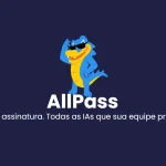 Imagem com ilustração de um cachorro azul e amarelo ao lado do texto “AllPass” e a frase “Uma assinatura. Todas as IA’s que sua equipe precisa.” em fundo azul e elementos gráficos em amarelo no canto.