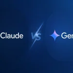 Comparação entre Claude e Gemini em um banner com fundo azul, ícones de marca e o símbolo de VS no centro, destacando Claude à esquerda e Gemini à direita.