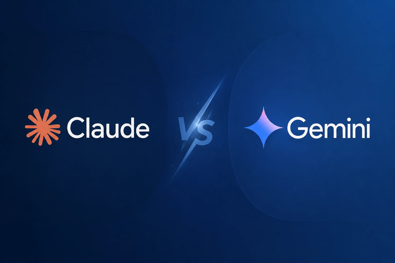 Comparação entre Claude e Gemini em um banner com fundo azul, ícones de marca e o símbolo de VS no centro, destacando Claude à esquerda e Gemini à direita.