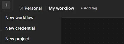 Menu suspenso de fluxo de trabalho mostrando opções como New workflow, New credential e New project, com fundo escuro e barra lateral de navegação.