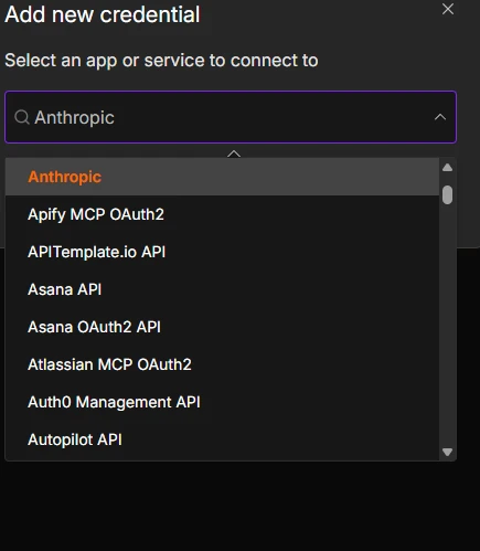Tela de adição de nova credencial no sistema, com menu suspenso para selecionar um app ou serviço. Opções exibem fornecedores como Anthropic e serviços relacionados a APIs e OAuth2.