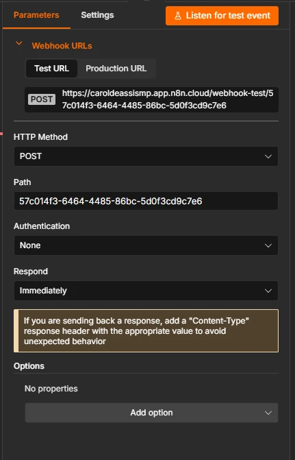 Tela de configuração de webhook no painel com seção de Webhook URLs, método HTTP POST, campo Path com o identificador 57c014f3-6464-4485-86bc-5d0f3cd9c7e6 e URL de teste/call, além de opções de autenticação como None e resposta Immediately.