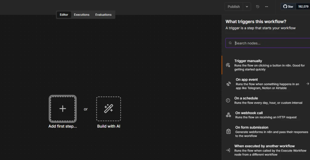 Tela de interface de editor de workflow no software n8n, com opções para adicionar um novo passo ou construir com IA e, ao lado, uma lista de gatilhos como trigger manual, eventos de app, agendamento, webhook e submissão de formulário.