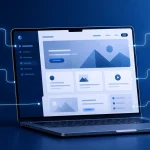 Imagem de um notebook exibindo uma interface de site ou sistema com painéis de conteúdo e gráficos, cercado por ícones digitais em um fundo azul tecnológico.
