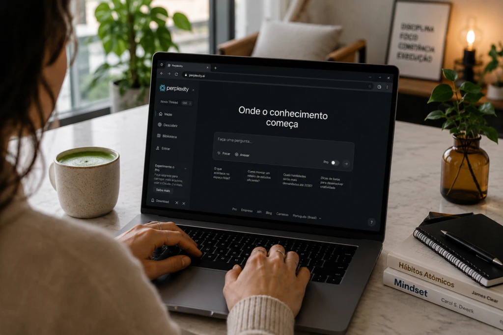 Pessoa trabalhando em notebook em uma mesa com café e livros, com tela mostrando interface de aprendizado e a frase “Onde o conhecimento começa”. Ambiente de escritório moderno e acolhedor.